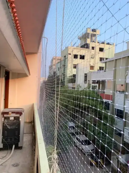 Balcony pigeon net protection for Chennai apartments with outdoor AC unit